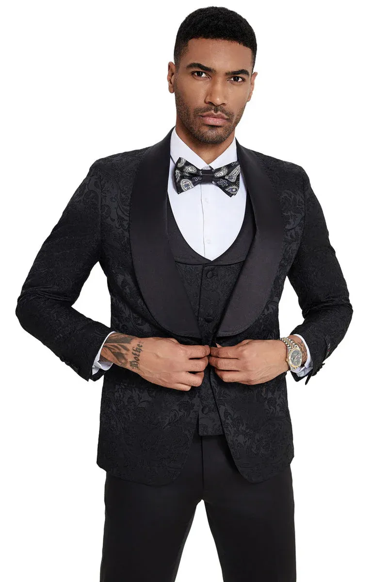 Mens Designer Wedding & Prom Shawl Lapel Vested Paisley Tuxedo in Black sold by Alberto Nardoni product image thumbnail 4