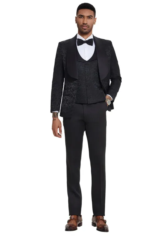 Mens Designer Wedding & Prom Shawl Lapel Vested Paisley Tuxedo in Black sold by Alberto Nardoni