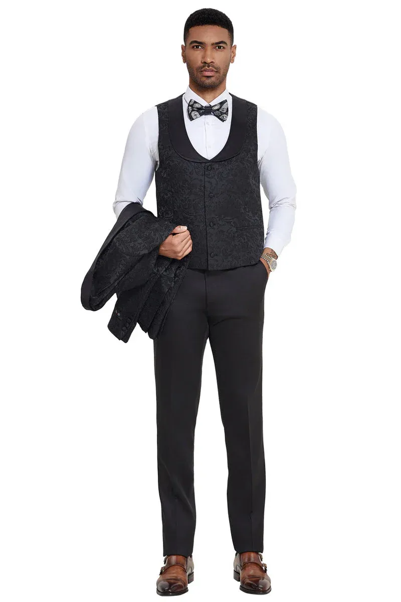 Mens Designer Wedding & Prom Shawl Lapel Vested Paisley Tuxedo in Black sold by Alberto Nardoni product image thumbnail 3