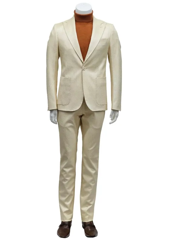 Mens One Button Peak Lapel Basket Weave Pattern Slim Fit Suit Ivory made by Alberto Nardoni