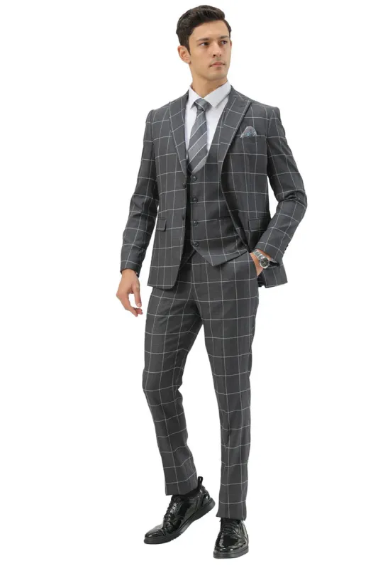 Mens Slim Fit Two Button Peak Lapel Vested Suit in Grey Windowpane Plaid sold by Alberto Nardoni