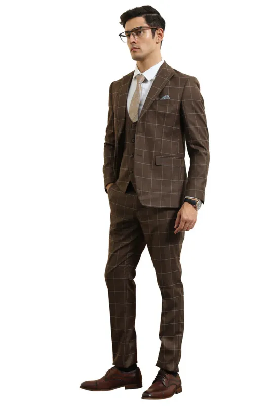 Mens Slim Fit Two Button Peak Lapel Vested Suit in Brown Windowpane Plaid sold by Alberto Nardoni