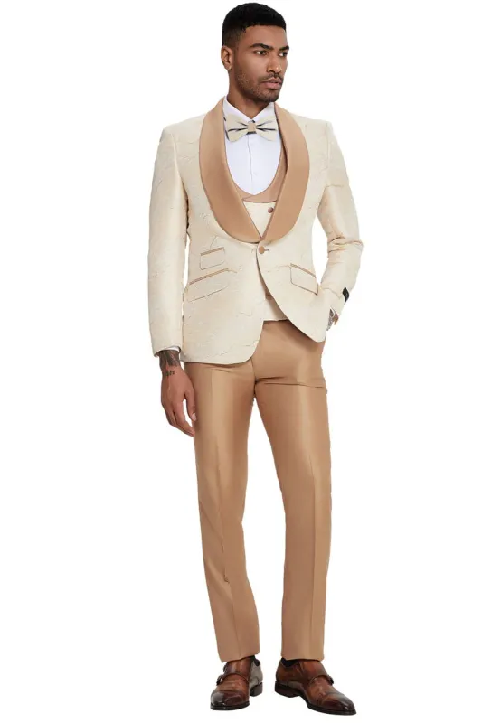 Mens Slim Fit Vested Wedding Prom Shawl Lapel Paisley Tuxedo in Gold sold by Alberto Nardoni