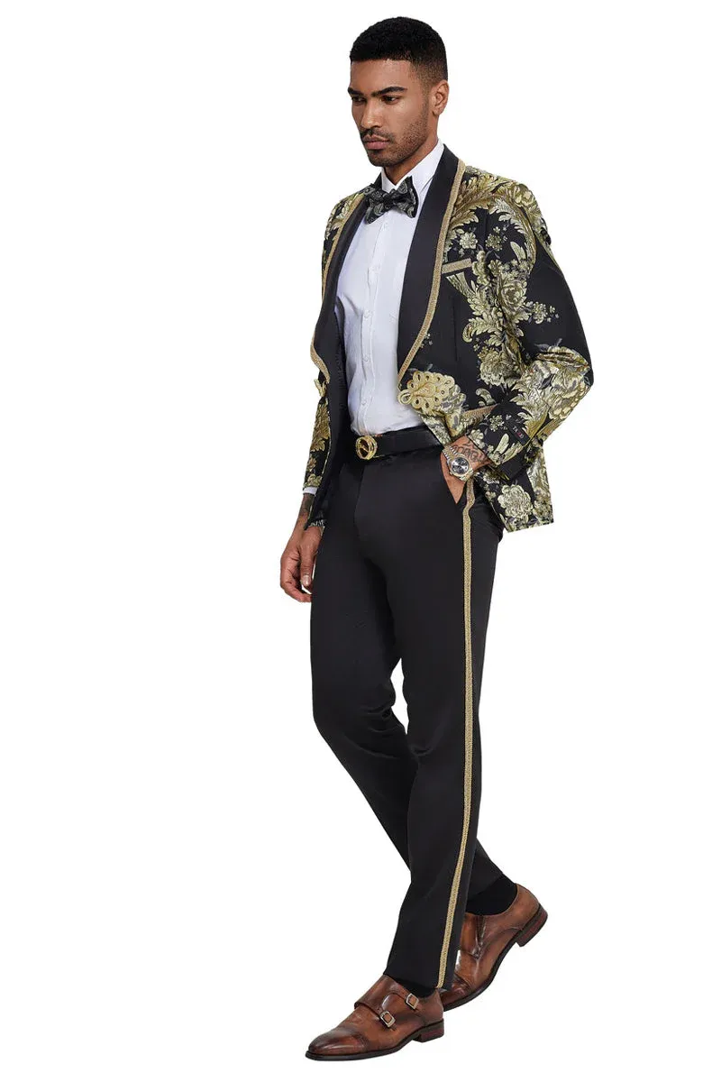 Mens One Button Shawl Lapel Wedding Prom Tuxedo in Shiny Black Paisley sold by Alberto Nardoni product image thumbnail 3