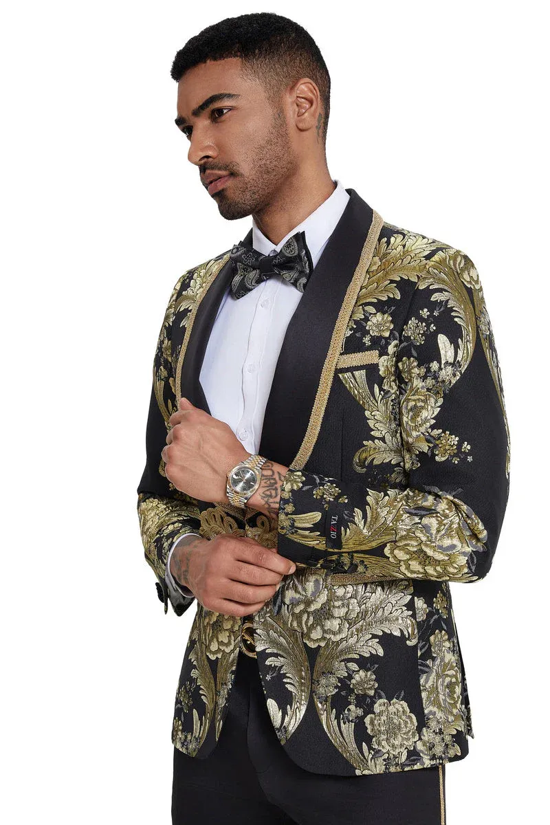 Mens One Button Shawl Lapel Wedding Prom Tuxedo in Shiny Black Paisley sold by Alberto Nardoni product image thumbnail 5