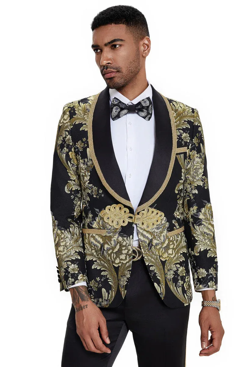 Mens One Button Shawl Lapel Wedding Prom Tuxedo in Shiny Black Paisley sold by Alberto Nardoni product image thumbnail 4