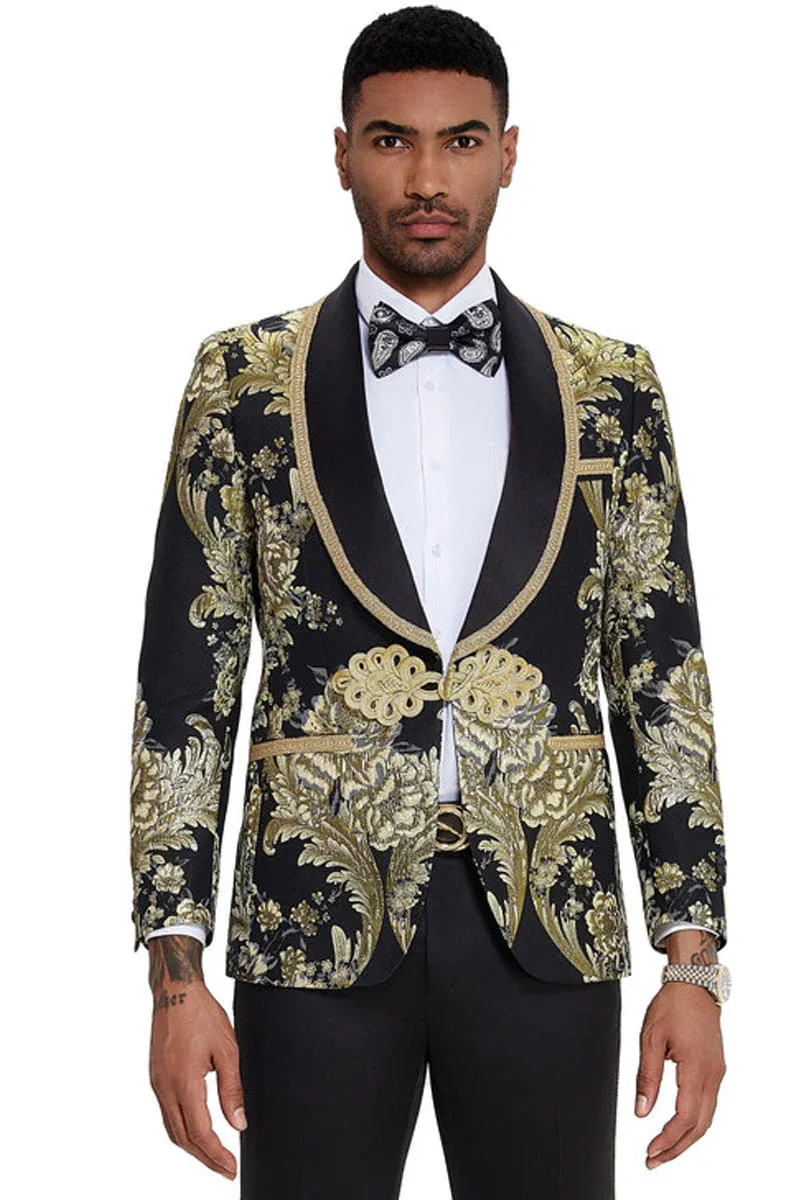 Mens One Button Shawl Lapel Wedding Prom Tuxedo in Shiny Black Paisley sold by Alberto Nardoni product image thumbnail 2