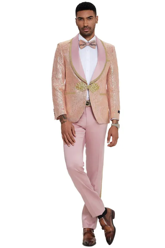 Mens One Button Shawl Lapel Wedding Prom Tuxedo in Shiny Pink Paisley made by Alberto Nardoni