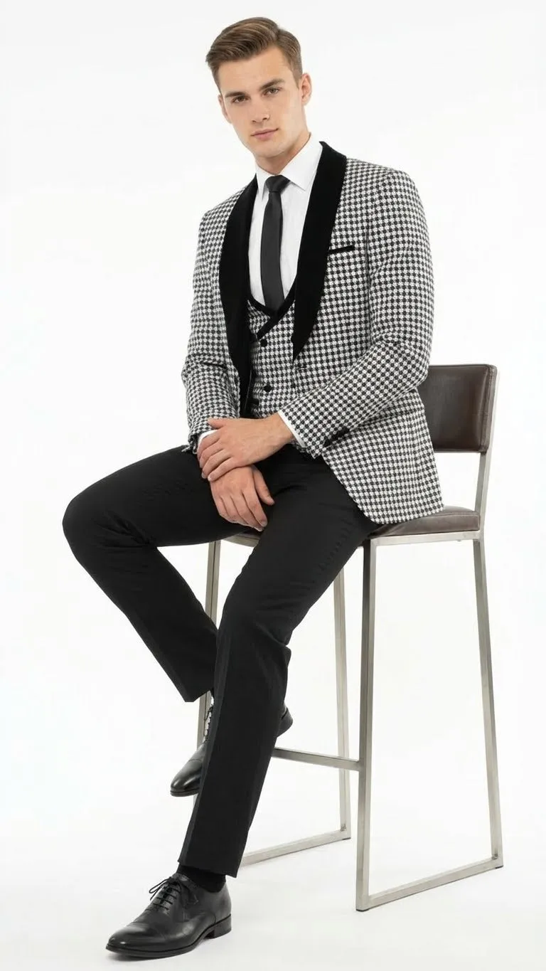 Mens Black and White Houndstooth Tuxedo Set with Velvet Shawl Lapel | 3-Piece Formal Suit with Double-Breasted Vest sold by Alberto Nardoni product image thumbnail 4