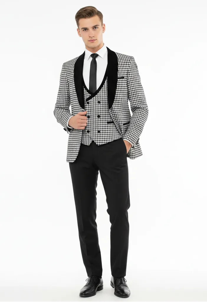 Mens Black and White Houndstooth Tuxedo Set with Velvet Shawl Lapel | 3-Piece Formal Suit with Double-Breasted Vest sold by Alberto Nardoni