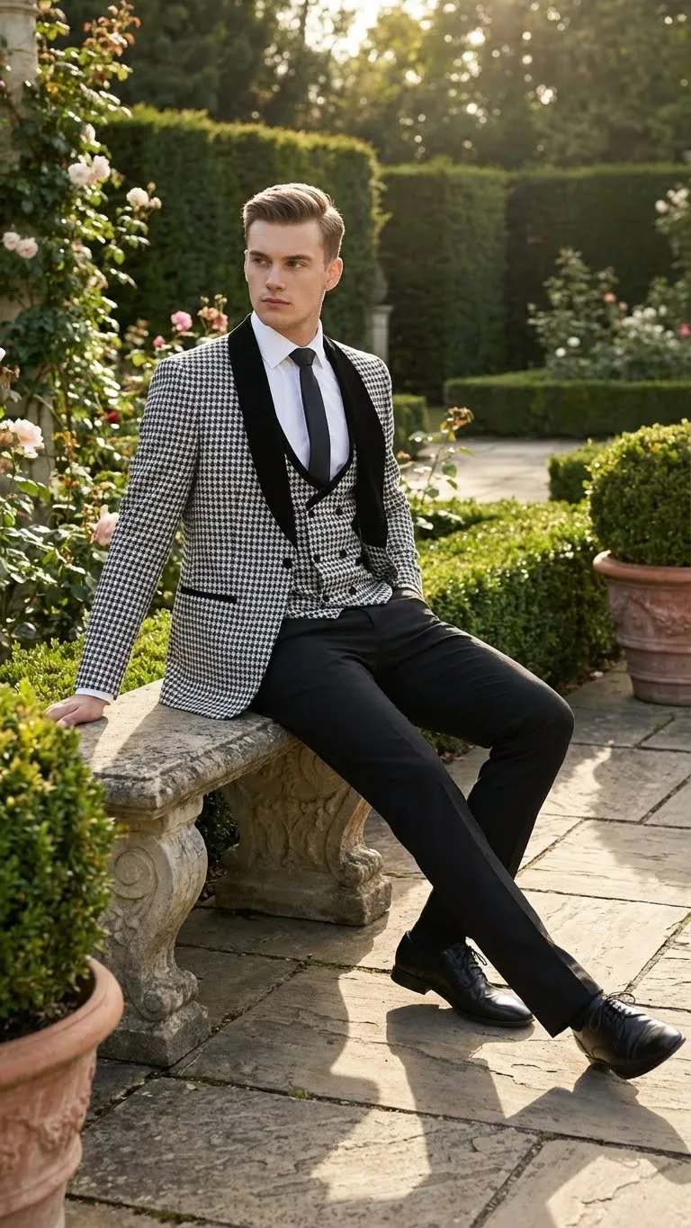 Mens Black and White Houndstooth Tuxedo Set with Velvet Shawl Lapel | 3-Piece Formal Suit with Double-Breasted Vest sold by Alberto Nardoni product image thumbnail 5