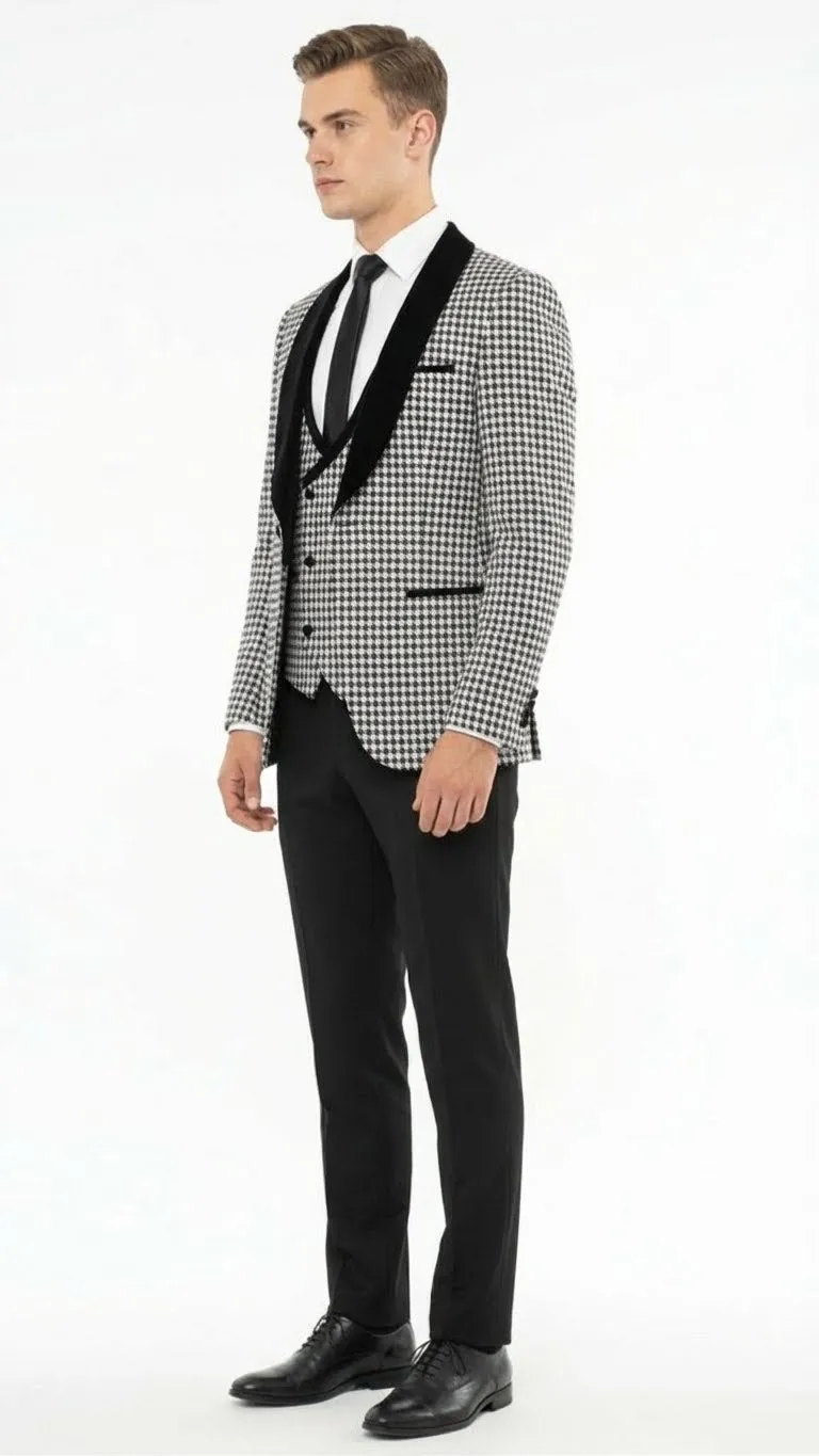 Mens Black and White Houndstooth Tuxedo Set with Velvet Shawl Lapel | 3-Piece Formal Suit with Double-Breasted Vest sold by Alberto Nardoni product image thumbnail 3
