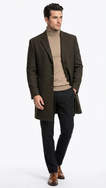 Men’s Brown Checkered Wool Overcoat – Long Winter Coat with Classic Plaid Pattern By Statement sold by Alberto Nardoni