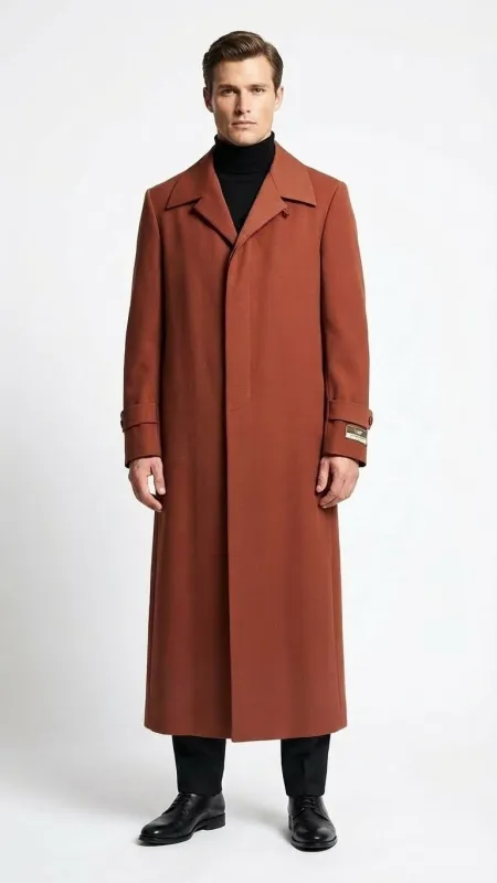Men’s Full-Length Cognac Overcoat – Premium Wool-Blend Long Dress Coat for Winter and Formal Wear in Rust Brick Color sold by Alberto Nardoni