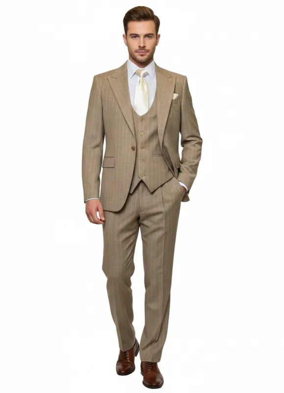 Men’s Beige Pinstripe Three-Piece Suit – Classic Fit Formal Suit with Vest and Flat-Front Pants in Tan Stripe By Rossiman sold by Alberto Nardoni