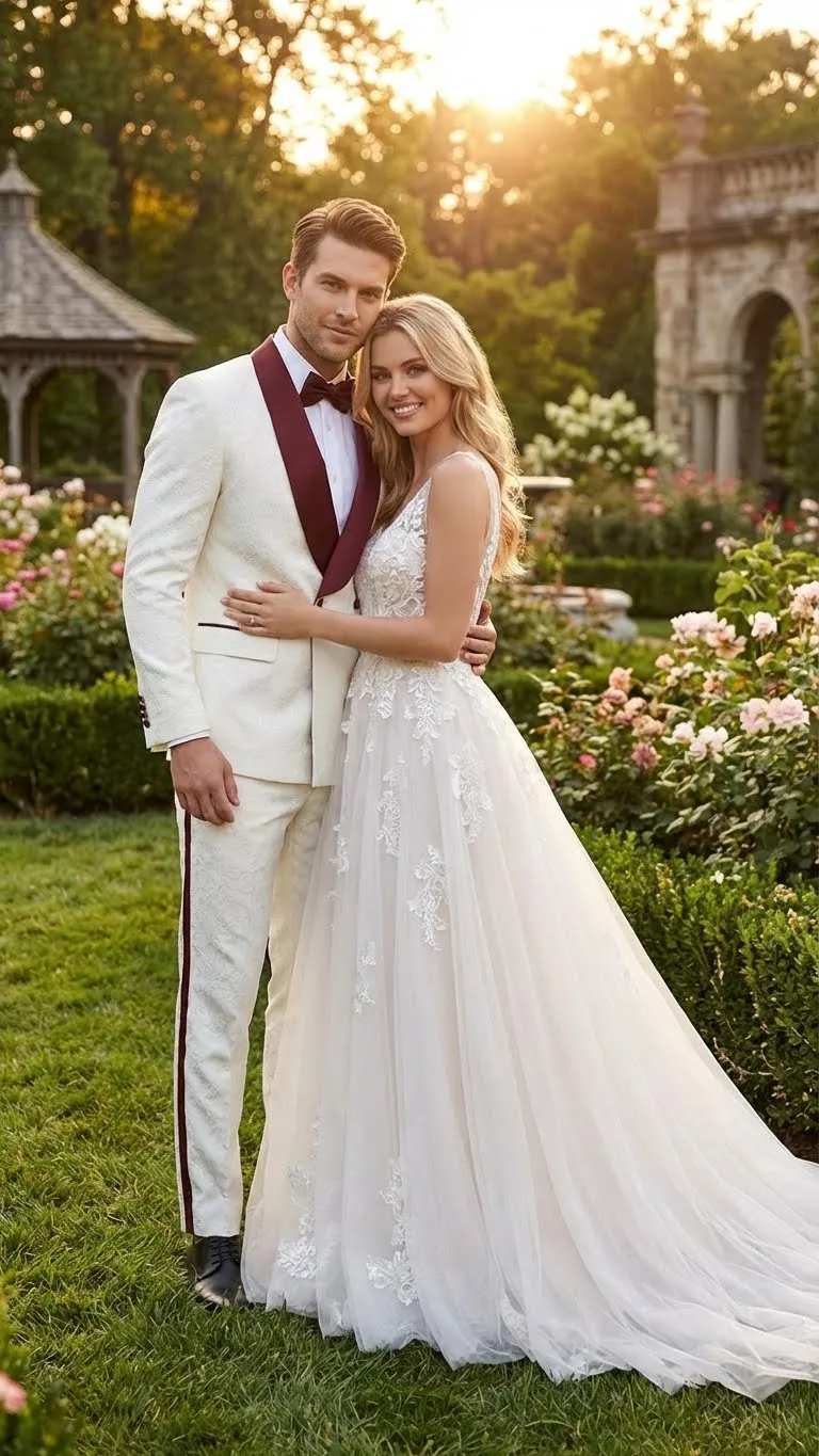 Mens Ivory and Burgundy Jacquard Tuxedo Suit Luxury Slim Fit 3-Piece Formal Wedding, Prom, and Gala Outfit in Cream Off White Color sold by Alberto Nardoni product image thumbnail 5