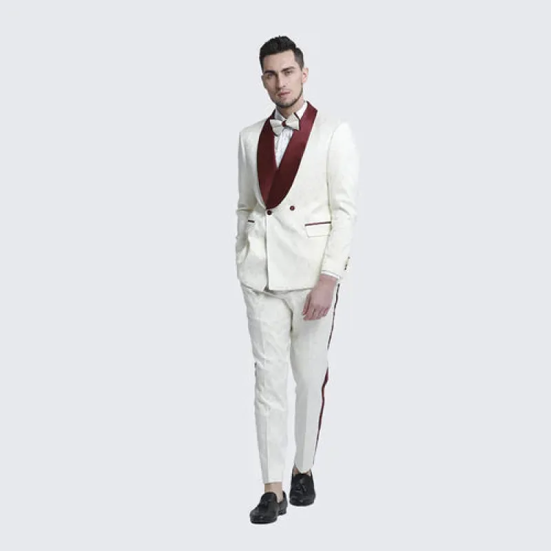 Mens Ivory and Burgundy Jacquard Tuxedo Suit Luxury Slim Fit 3-Piece Formal Wedding, Prom, and Gala Outfit in Cream Off White Color made by Alberto Nardoni