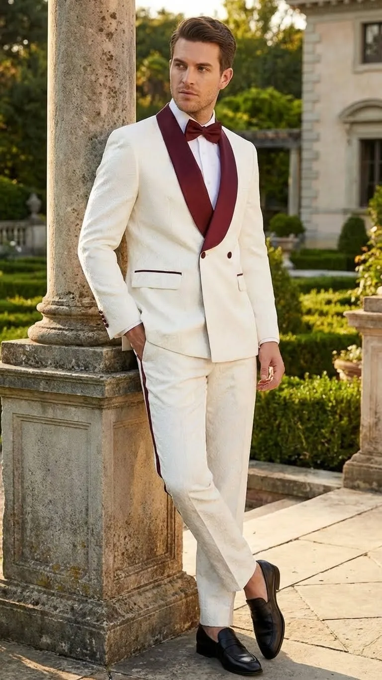 Mens Ivory and Burgundy Jacquard Tuxedo Suit Luxury Slim Fit 3-Piece Formal Wedding, Prom, and Gala Outfit in Cream Off White Color sold by Alberto Nardoni product image thumbnail 2