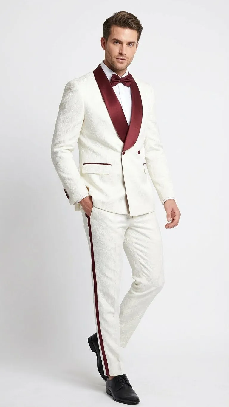Mens Ivory and Burgundy Jacquard Tuxedo Suit Luxury Slim Fit 3-Piece Formal Wedding, Prom, and Gala Outfit in Cream Off White Color sold by Alberto Nardoni product image thumbnail 3