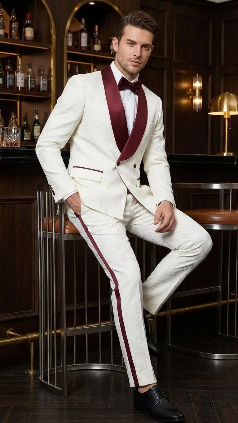 Mens Ivory and Burgundy Jacquard Tuxedo Suit Luxury Slim Fit 3-Piece Formal Wedding, Prom, and Gala Outfit in Cream Off White Color sold by Alberto Nardoni product image thumbnail 4