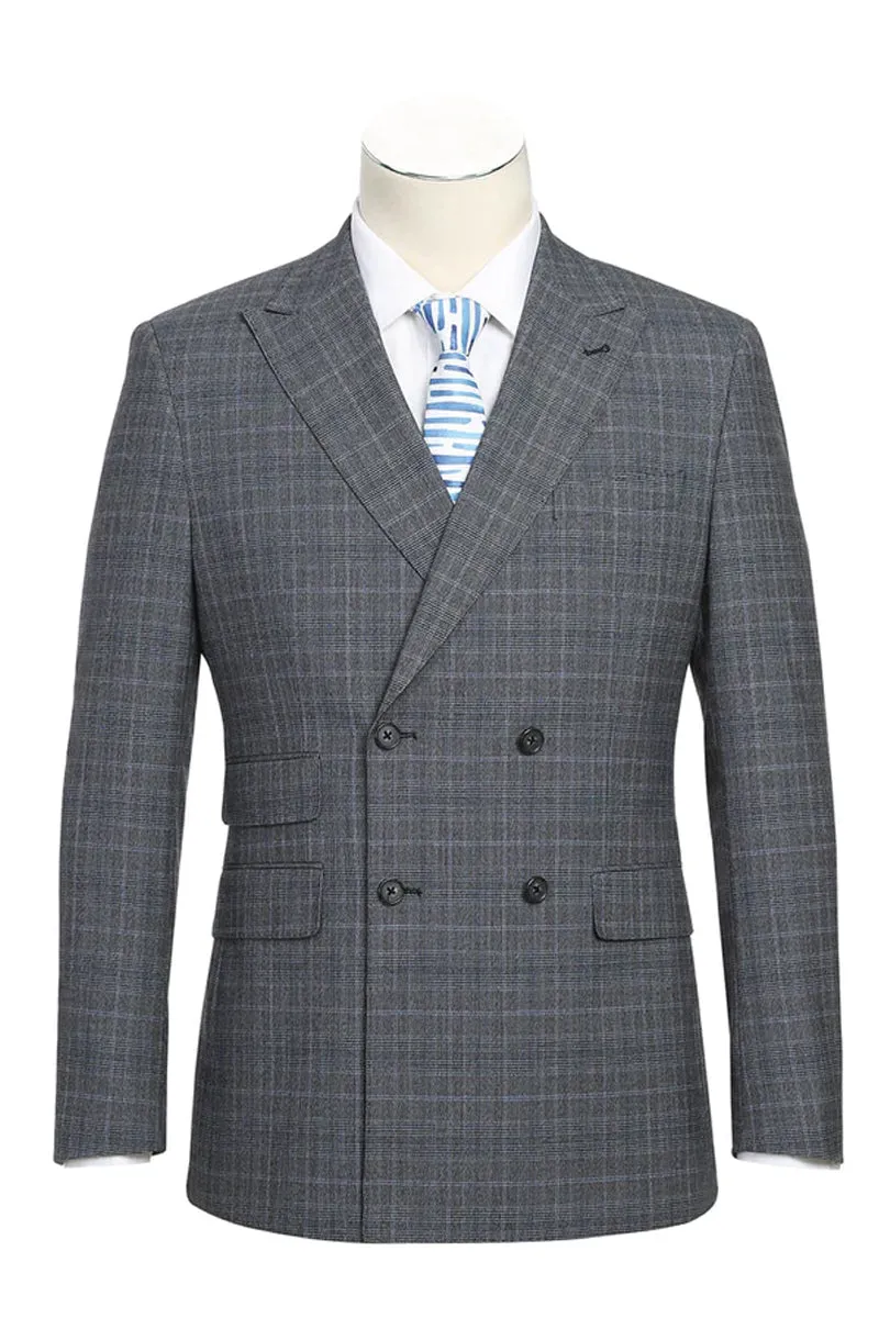 Mens Designer Slim Fit Double Breasted Suit in Light Grey Windowpane Plaid Check sold by Alberto Nardoni