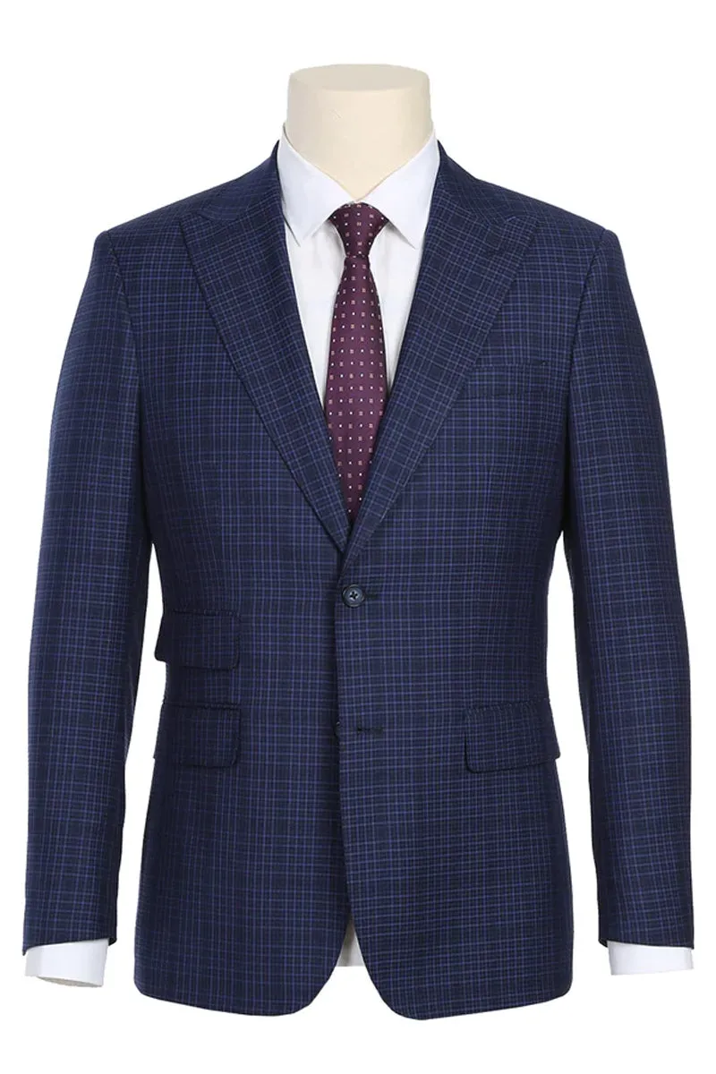 Mens Designer Two Button Slim Fit Peak Lapel Suit in Navy Blue Overcheck Plaid sold by Alberto Nardoni
