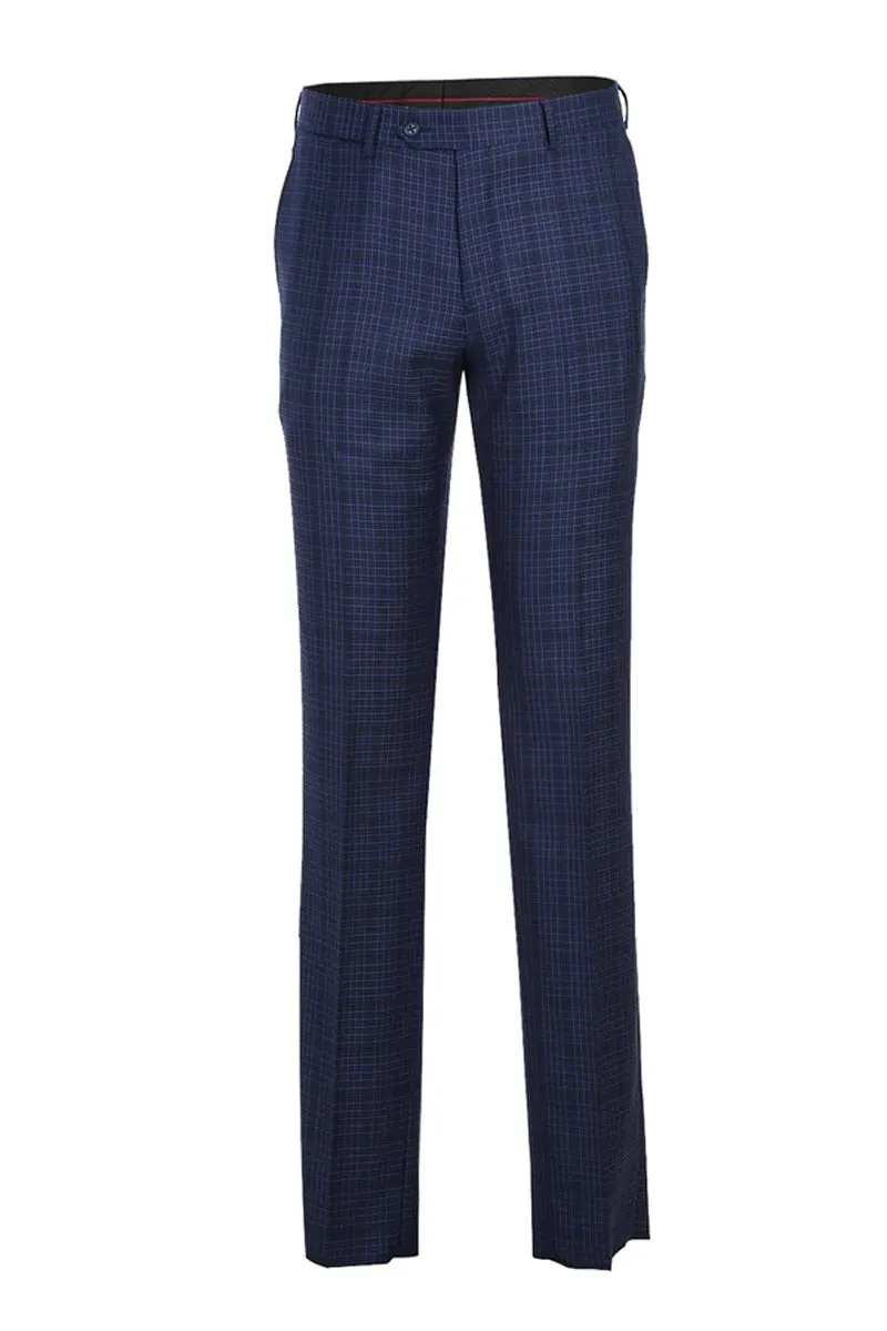Mens Designer Two Button Slim Fit Peak Lapel Suit in Navy Blue Overcheck Plaid sold by Alberto Nardoni product image thumbnail 2