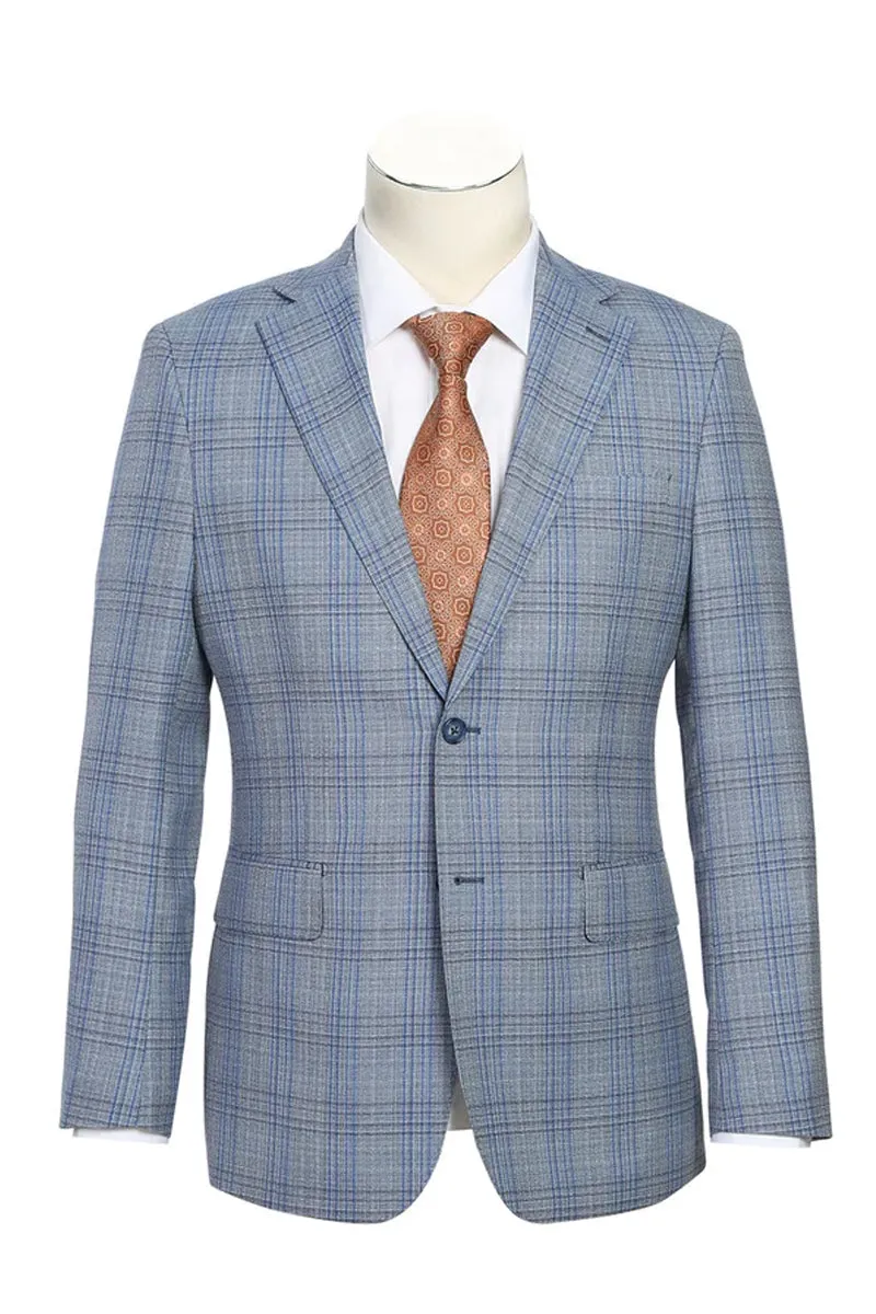 Mens Designer Two Button Slim Fit Notch Lapel Wool Suit in Light Grey & Blue Windowpane Plaid sold by Alberto Nardoni