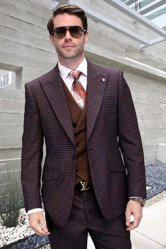 Men's Designer One Button Peak Lapel Wool Suit in Copper Micro Plaid sold by Alberto Nardoni