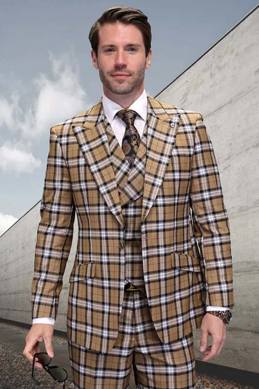 Men's One Button Wide Peak Lapel Vested Designer Wool Bold Windowpane Plaid Suit in Tan sold by Alberto Nardoni