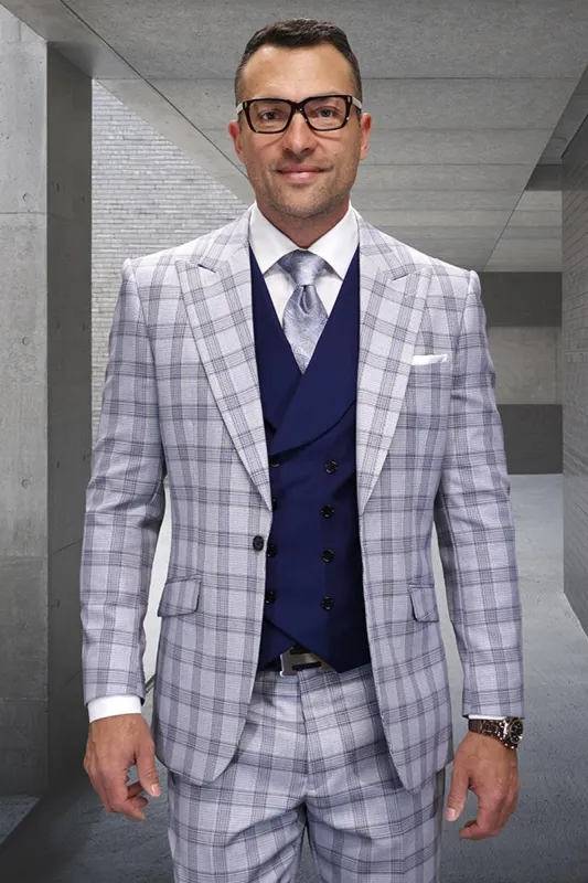Men's Single Button Designer Wool Suit With Double Breasted Vest in Grey Windowpane Plaid sold by Alberto Nardoni