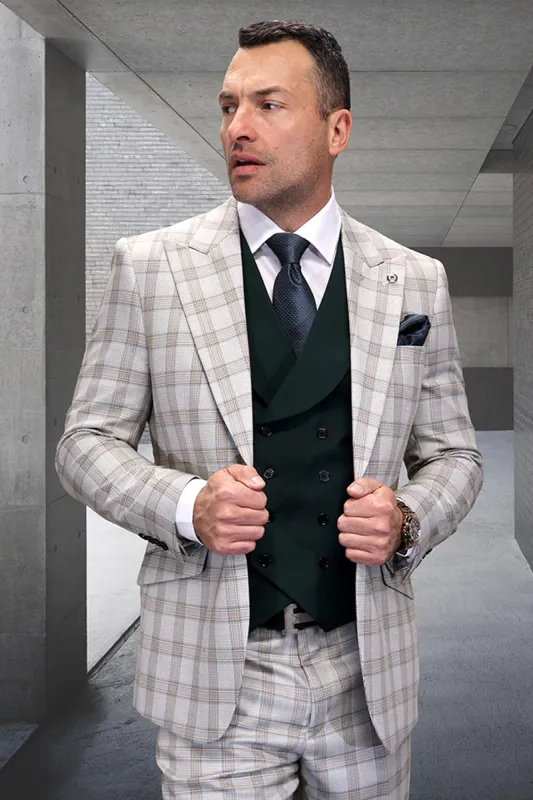 Men's Single Button Designer Wool Suit With Double Breasted Vest in Hunter Green Windowpane Plaid sold by Alberto Nardoni