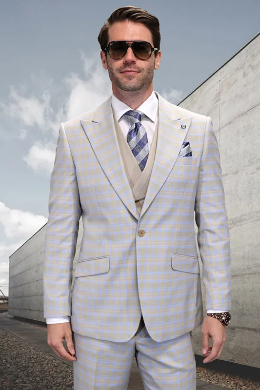 Men's One Button Peak Lapel Wool Vested Suit in Tan Windowpane Plaid sold by Alberto Nardoni