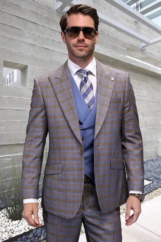 Men's One Button Peak Lapel Wool Vested Suit in Taupe Windowpane Plaid sold by Alberto Nardoni
