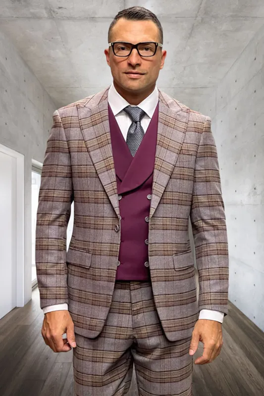 Men's Vested One Button Peak Lapel Wool Suit in Burgundy Windowpane Plaid sold by Alberto Nardoni
