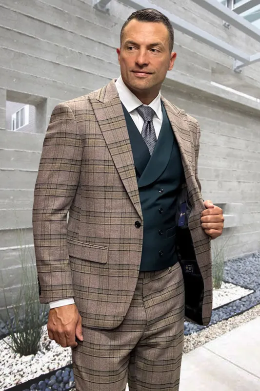 Men's Vested One Button Peak Lapel Wool Suit in Jade Green & Brown Windowpane Plaid sold by Alberto Nardoni