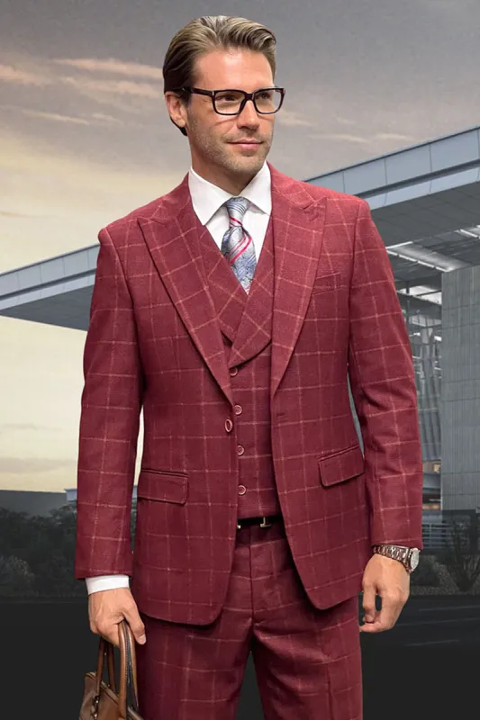 Men's Designer Wool Suit with Double Breasted Vest in Burgundy Windowpane Plaid sold by Alberto Nardoni