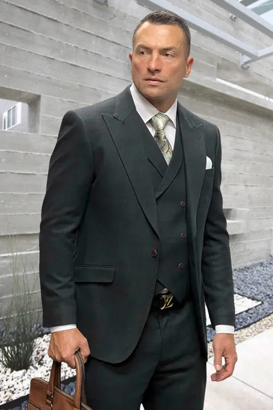 Men's Designer Wool Peak Lapel Suit in Muted Hunter Green Widowpane Plaid sold by Alberto Nardoni