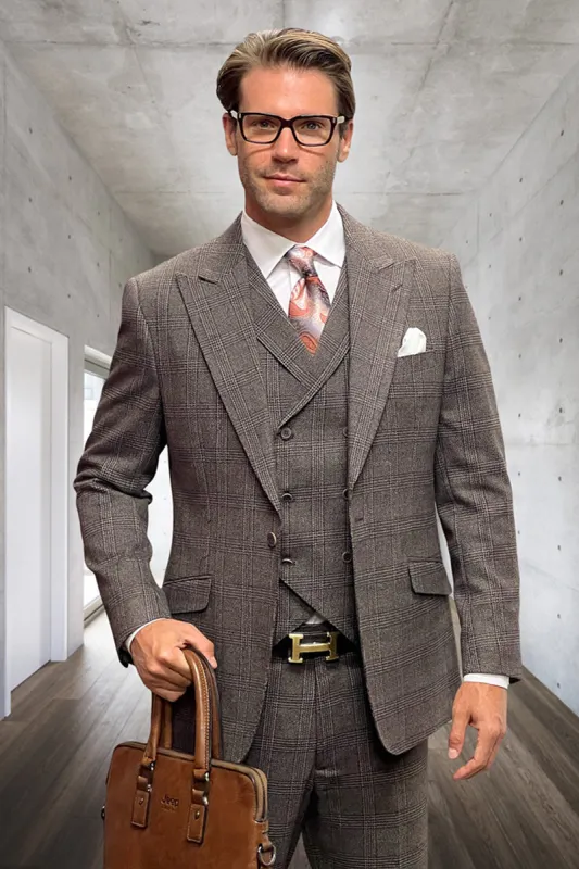 Men's Designer Wool Peak Lapel Suit in Muted Brown Widowpane Plaid sold by Alberto Nardoni