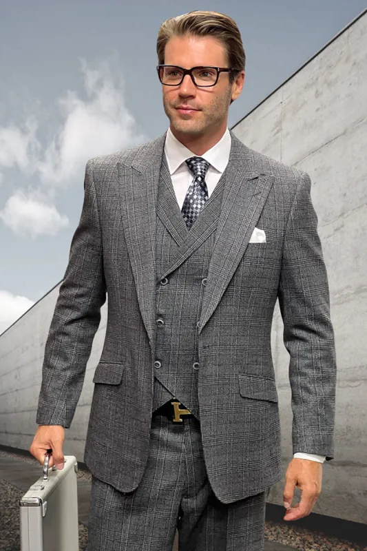 Men's Designer Wool Peak Lapel Suit in Muted Black Widowpane Plaid sold by Alberto Nardoni