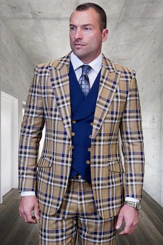 Men's Designer Wool Vested Peak Lapel Suit in Camel Windowpane Plaid sold by Alberto Nardoni