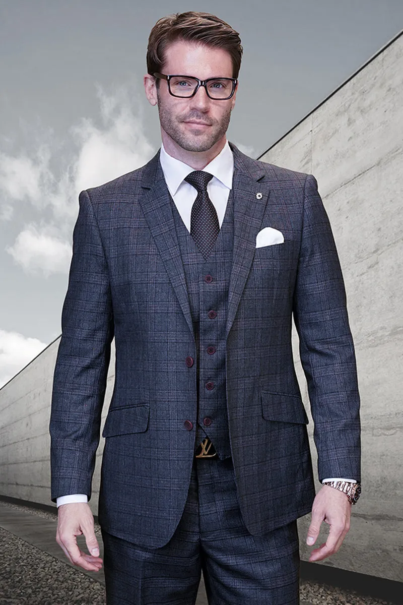 Men's Designer Two Button Vested Wool Suit in Charcoal Grey Plaid sold by Alberto Nardoni