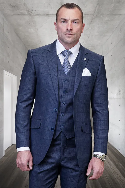 Men's Designer Two Button Vested Wool Suit in Indigo Blue Plaid sold by Alberto Nardoni