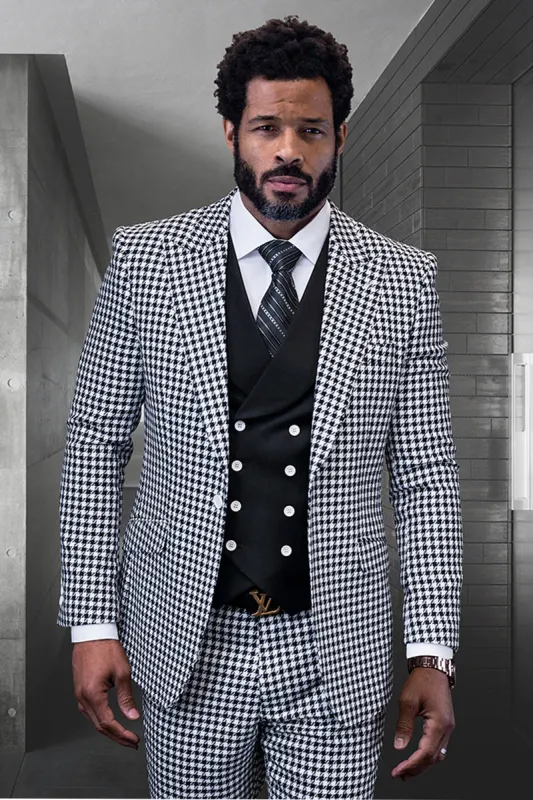 Men's Designer Wool Modern Fit Wide Peak Lapel Vested Suit in Black Micro Plaid sold by Alberto Nardoni