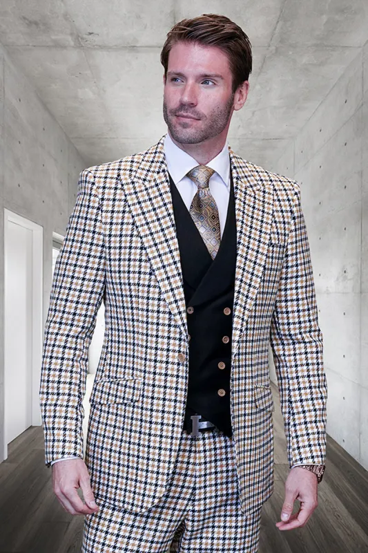 Men's Designer Wool Modern Fit Wide Peak Lapel Vested Suit in Camel Micro Plaid sold by Alberto Nardoni