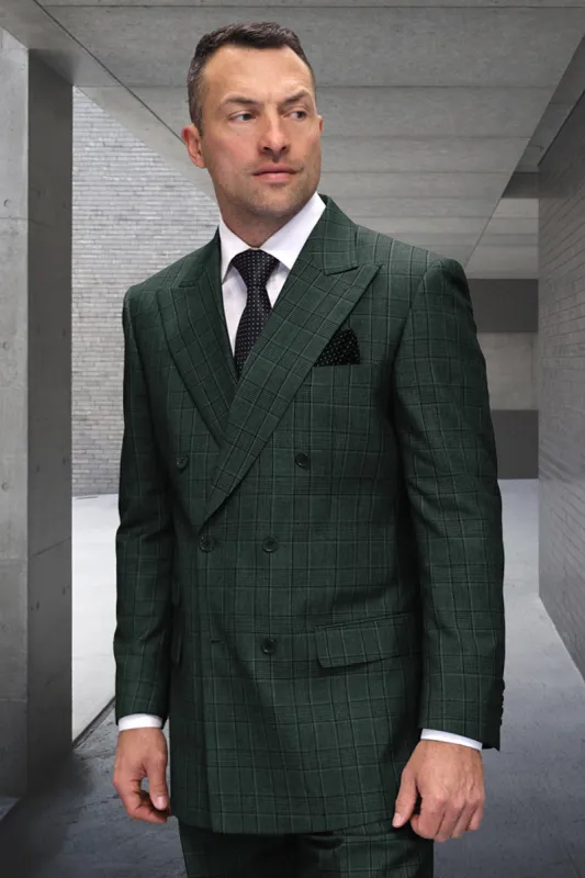 Men's Designer Classic Fit Double Breasted Wool Suit in Hunter Green Plaid sold by Alberto Nardoni