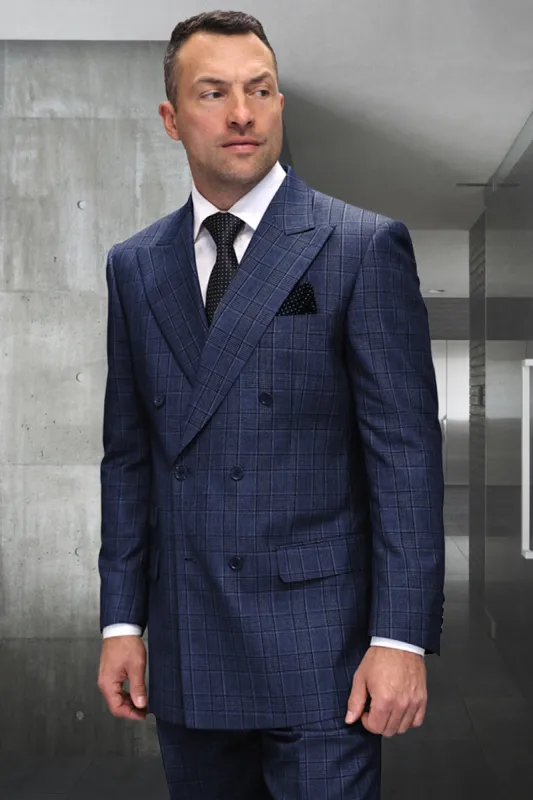 Men's Designer Classic Fit Double Breasted Wool Suit in Sapphire Blue Plaid sold by Alberto Nardoni