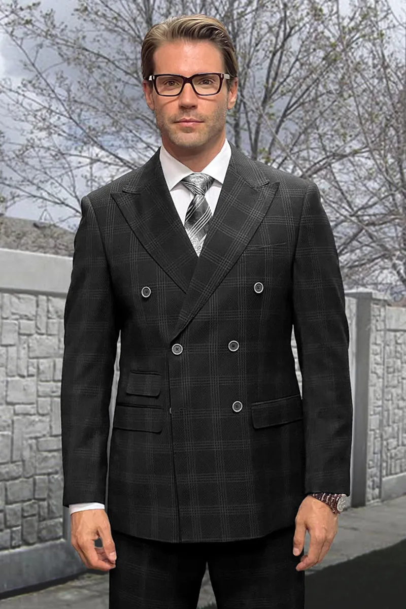 Men's Designer Classic Fit Double Breasted Wool Suit in Black Windowpane Plaid sold by Alberto Nardoni