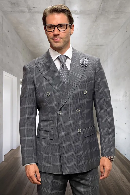 Men's Designer Classic Fit Double Breasted Wool Suit in Grey Windowpane Plaid sold by Alberto Nardoni