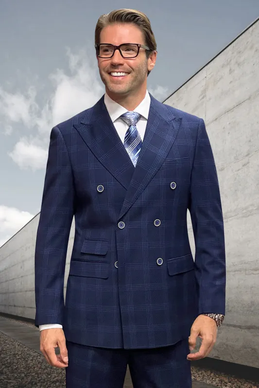 Men's Designer Classic Fit Double Breasted Wool Suit in Navy Windowpane Plaid sold by Alberto Nardoni